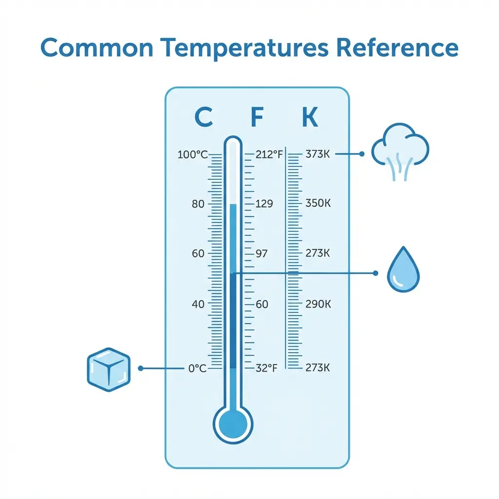 Common Temperatures Reference Table (F, C, K)