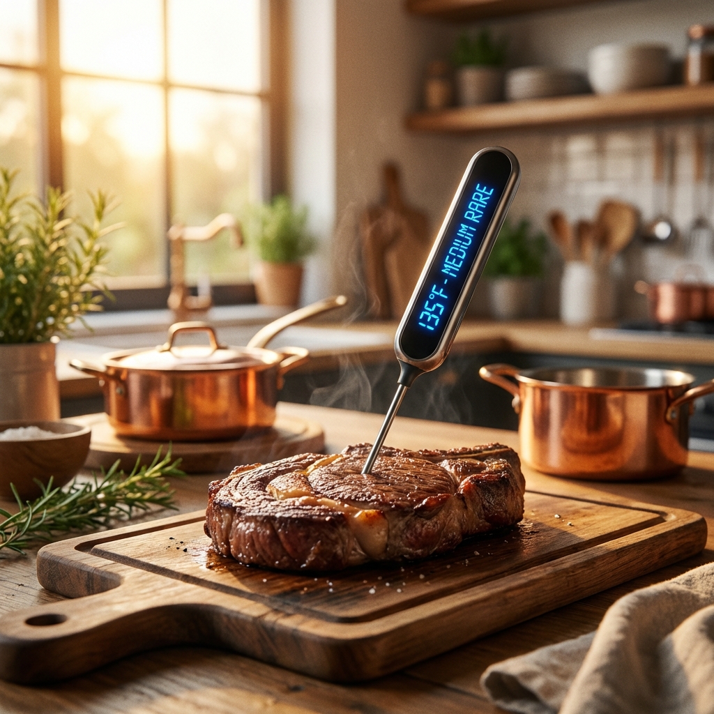Perfectly cooked steak with digital thermometer showing 135°F medium rare